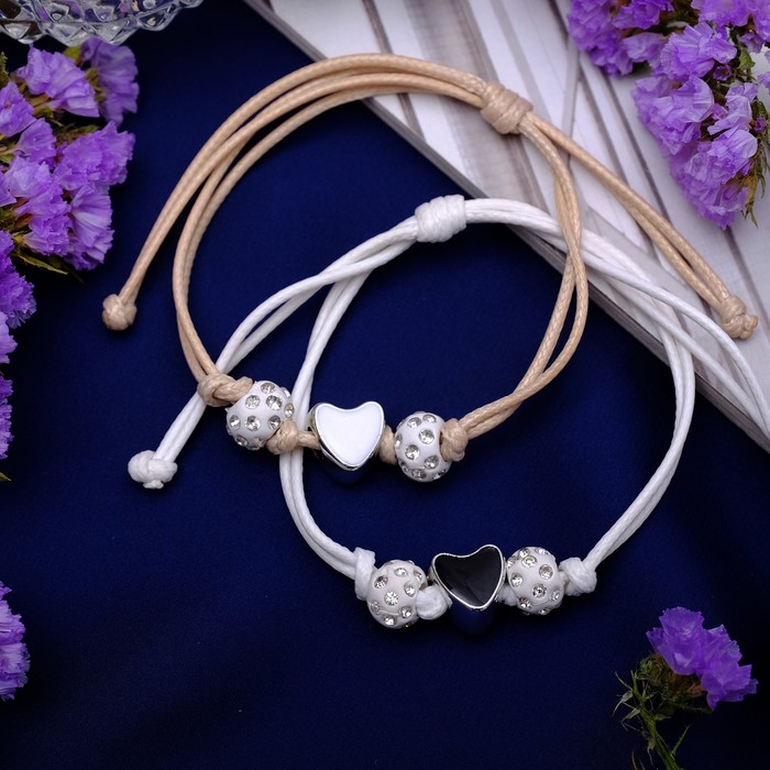 Браслет ассорти "Неразлучники" сердце с шамбалой, цвет бело-коричневый