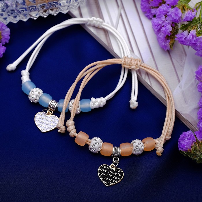 Браслет ассорти "Неразлучники" сердце с бусинами, цвет бело-бежевый