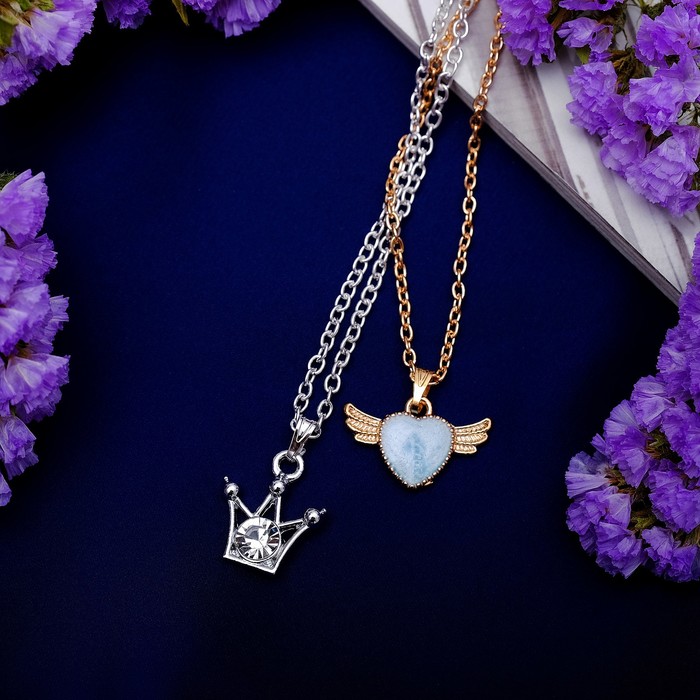 Кулон "Дуэт" сердце и корона, цвет серебряно-золотой, 42 см