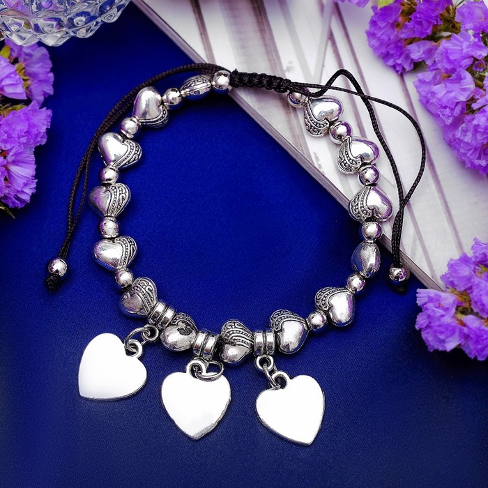 Браслет металл "Марджери" затягивающийся, сердце, цвет серебро