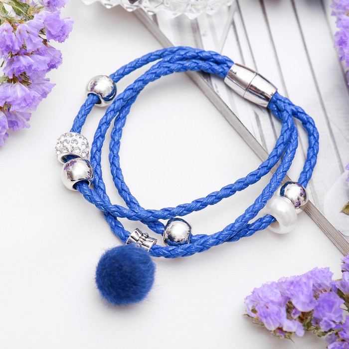 Браслет кожа "Марджери" тройной с помпоном, цвет синий