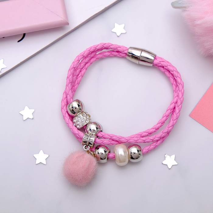 Браслет кожа "Марджери" тройной с помпоном, цвет розовый