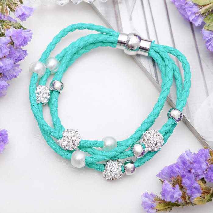 Браслет кожа "Марджери" тройной, цвет мятный