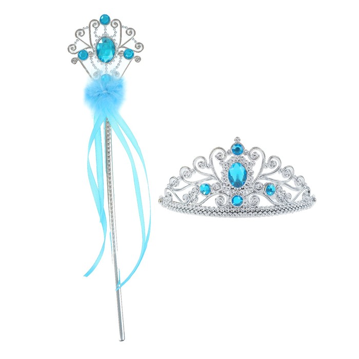 Карнавальный набор "Принцесса" 2 предмета: корона, жезл с камнями, цвет голубой