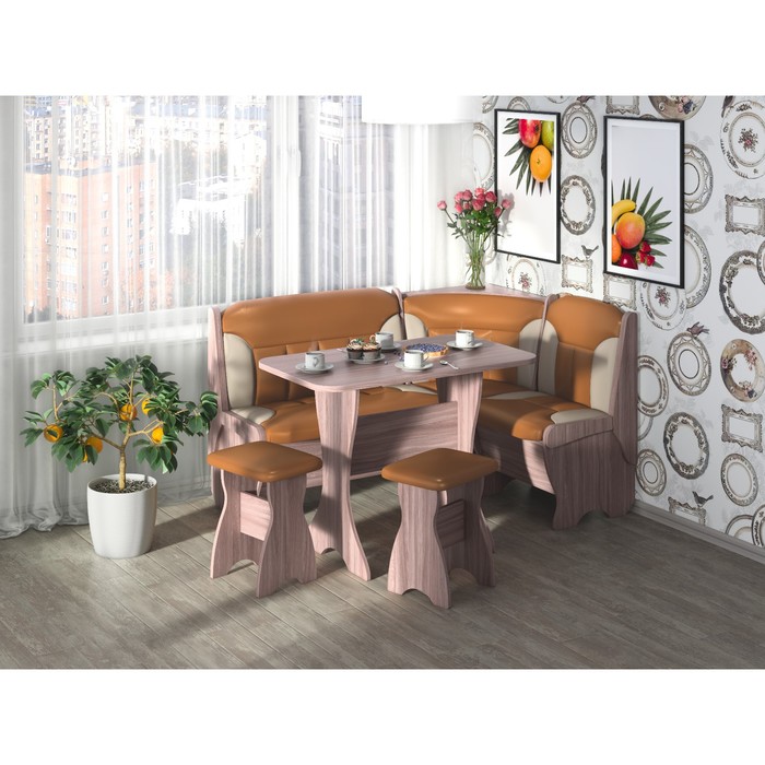 Кухонный уголок Орхидея 1500х1100х840 Ясень шимо темный/Золото/Беж