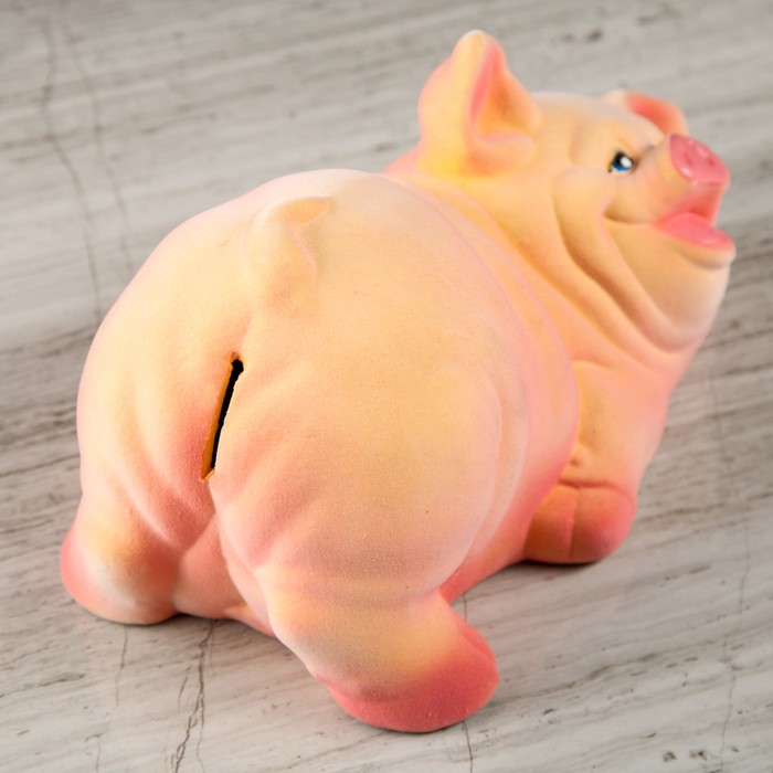 Копилка "Поросенок шалун" персиковый, флок