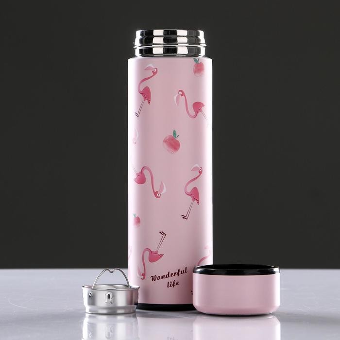 Термос 500 мл, серия Wonderful Life. Фламинго, 304 сталь, ситечко, 8 ч, 6.5х22 см