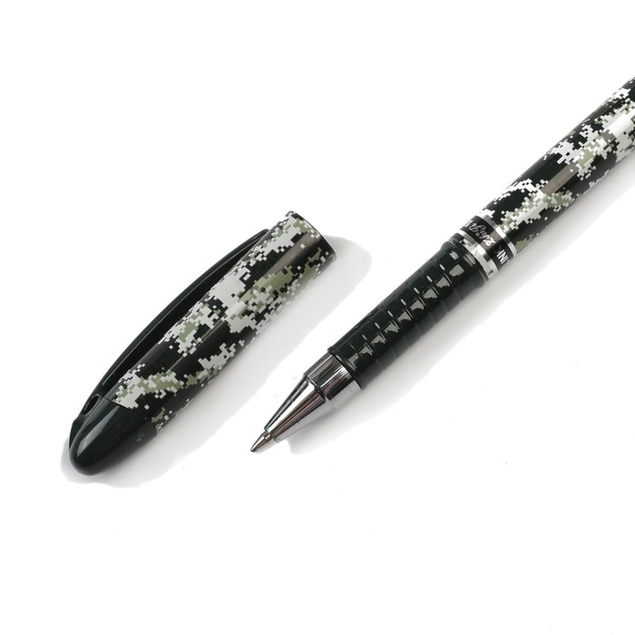 Ручка гелевая 0,5мм синяя корпус Миллитари, игольчатый пишущий узел