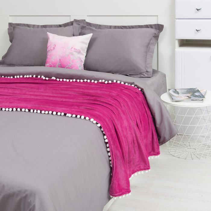 Плед "Этель" с бомбошками, вишнёвый 130х180 см, 100% П/Э, велсофт