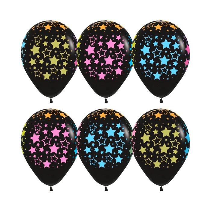 Шар латексный 12" "Звезды", пастель, 5 ст многоцвет флюор, набор 12 шт., цвет черный