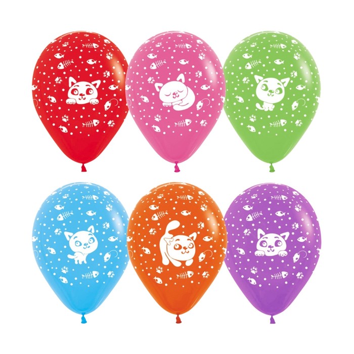 Шар латексный 12" "Кошки ассорти", пастель, 5 ст, набор 50 шт., МИКС
