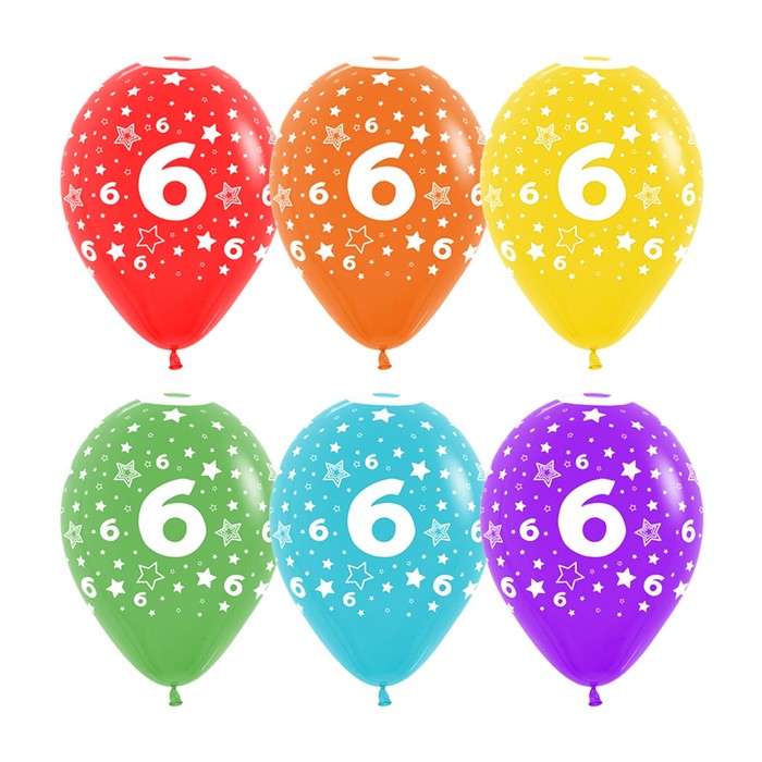 Шар латексный 12" "ЦИФРА 6 ассорти", пастель, 5 ст, набор 12 шт., МИКС