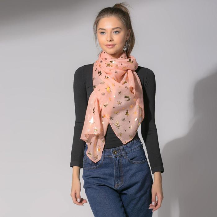 Палантин "Новогодние друзья", размер 48 х 180 см, цвет персиковый/золото