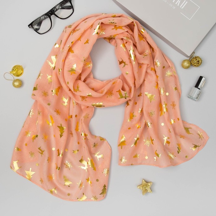 Палантин "Новогодние друзья", размер 48 х 180 см, цвет персиковый/золото