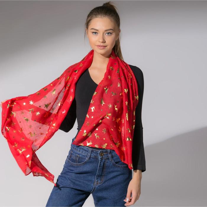 Палантин "Новогодние друзья", размер 48 х 180 см, цвет красный/золото