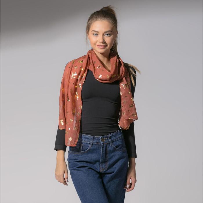 Палантин "Новогодние друзья", размер 48 х 180 см, цвет коричневый/золото