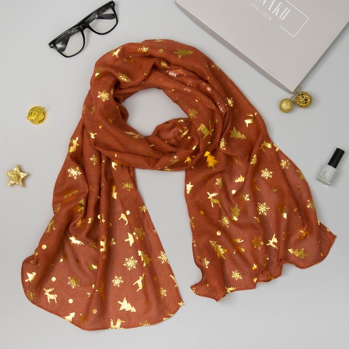 Палантин "Новогодние друзья", размер 48 х 180 см, цвет коричневый/золото