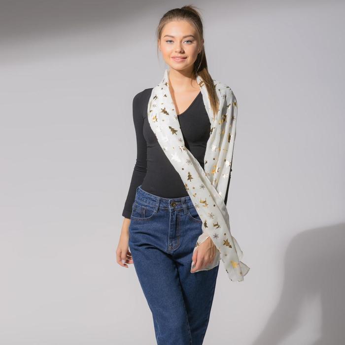 Палантин "Новогодние друзья", размер 48 х 180 см, цвет белый/золото