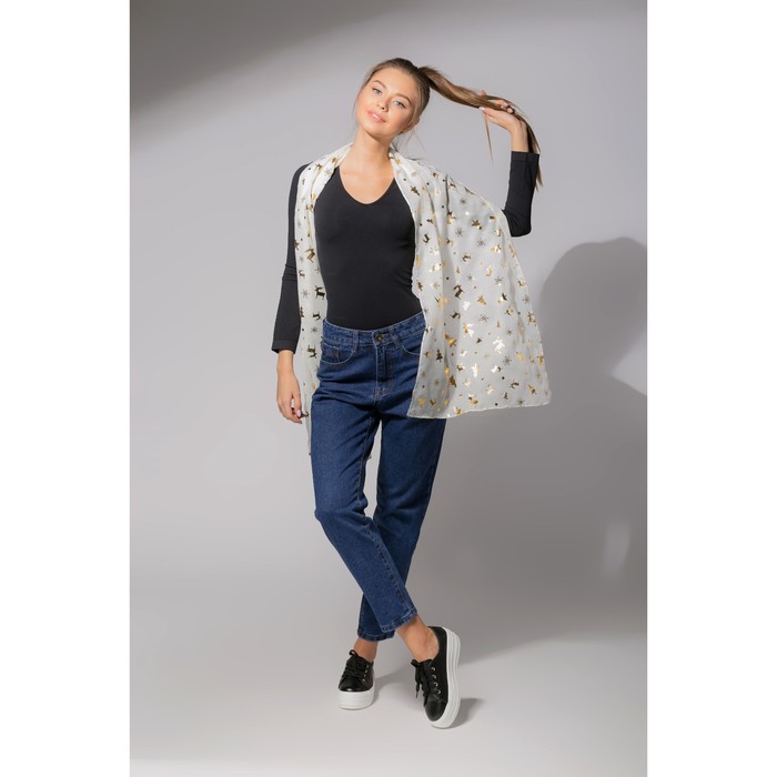 Палантин "Новогодние друзья", размер 48 х 180 см, цвет белый/золото