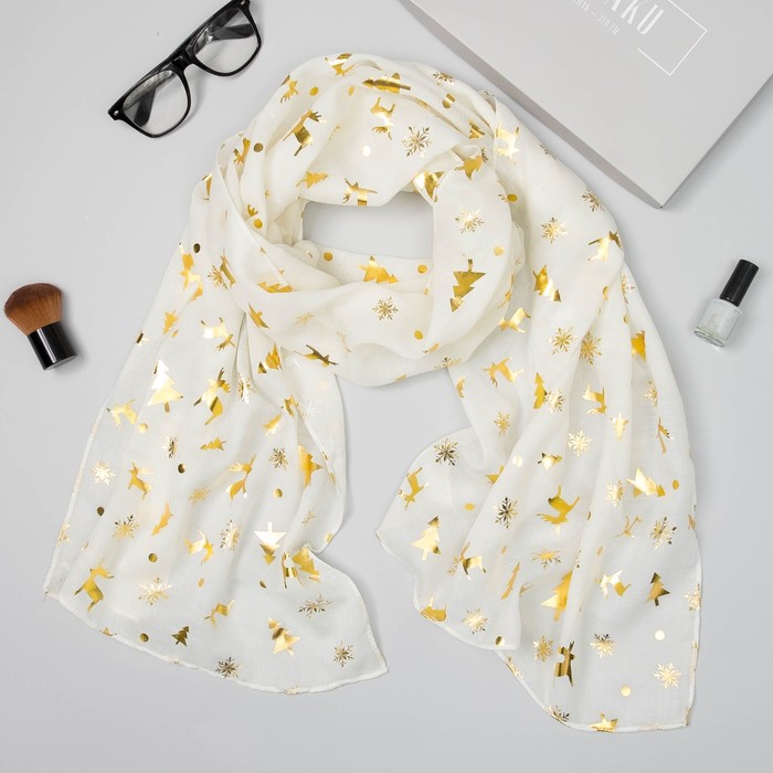 Палантин "Новогодние друзья", размер 48 х 180 см, цвет белый/золото