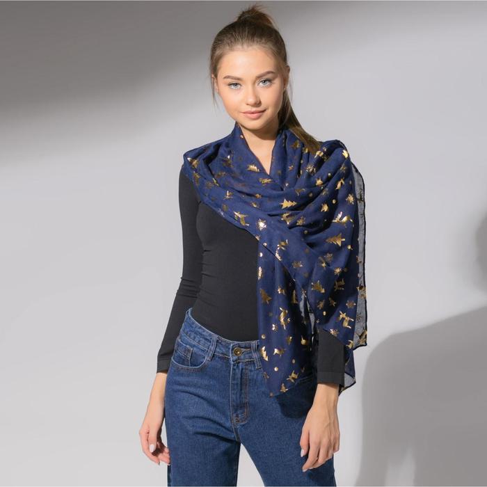 Палантин "Новогодние друзья", размер 48 х 180 см, цвет синий/золото