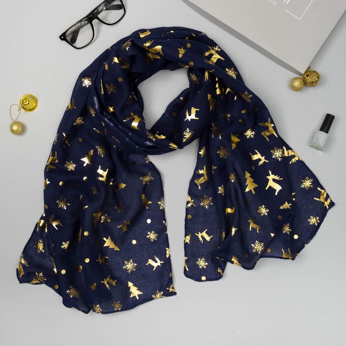 Палантин "Новогодние друзья", размер 48 х 180 см, цвет синий/золото
