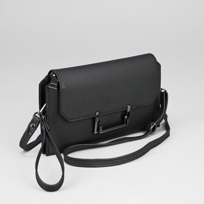 Клатч женский, 2 отдела на молнии, ручка, регулируемый ремень, цвет чёрный