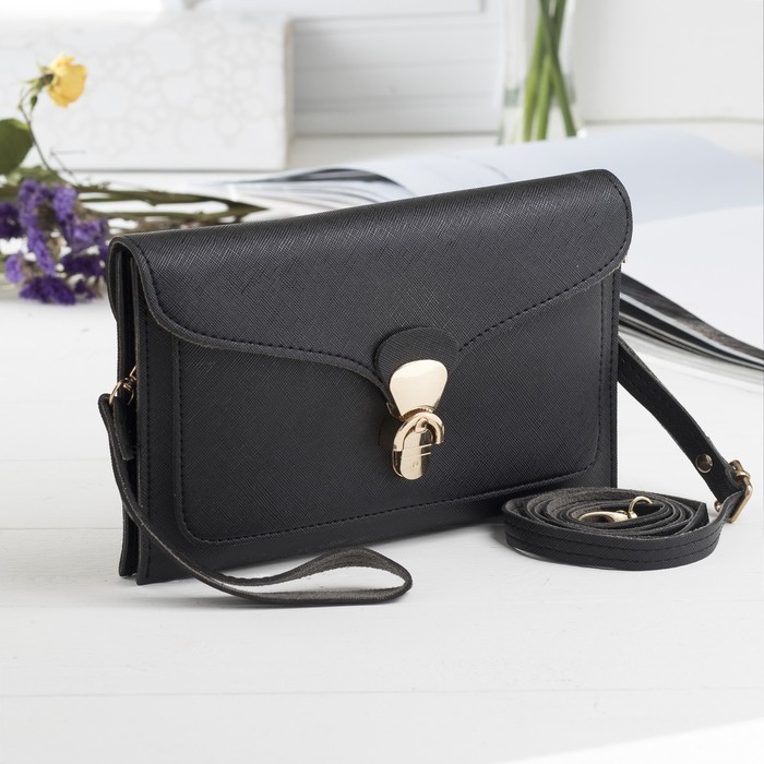 Клатч женский, 2 отдела на молнии, ручка, регулируемый ремень, цвет чёрный