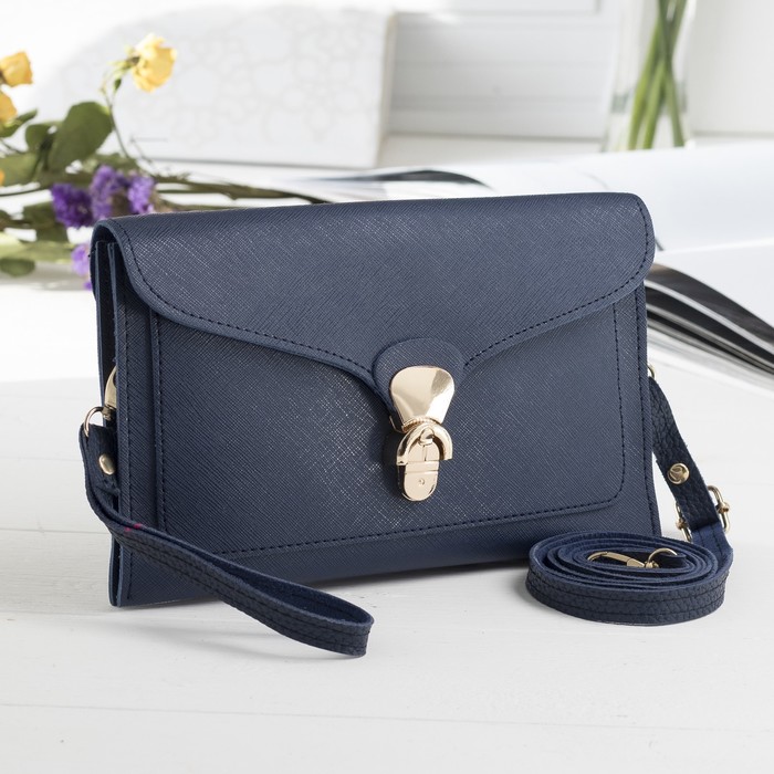 Клатч женский, 2 отдела на молнии, ручка, регулируемый ремень, цвет синий