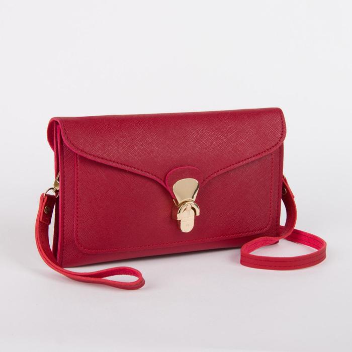 Клатч женский, 2 отдела на молнии, ручка, регулируемый ремень, цвет красный