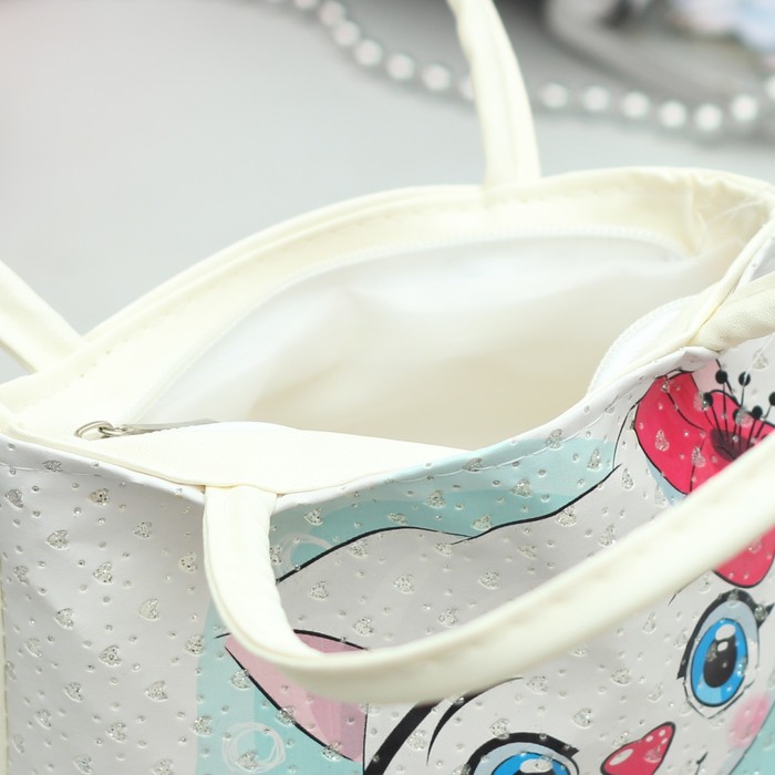 Сумка детская «Киска с цветком», отдел на молнии, 2 ручки, цвет белый