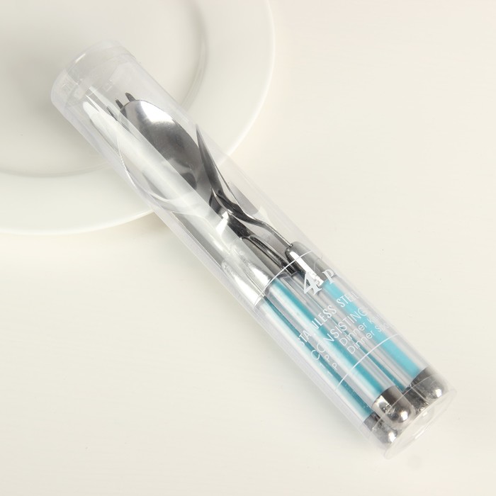 Набор столовых приборов "Карамель", 4 предмета, толщина 1 мм, цвет голубой