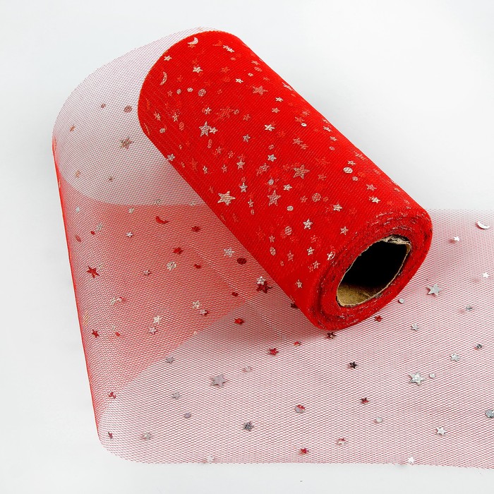 Ткань для декорирования "Звёздочки", длина 22 метра, ширина 15 см, цвет красный