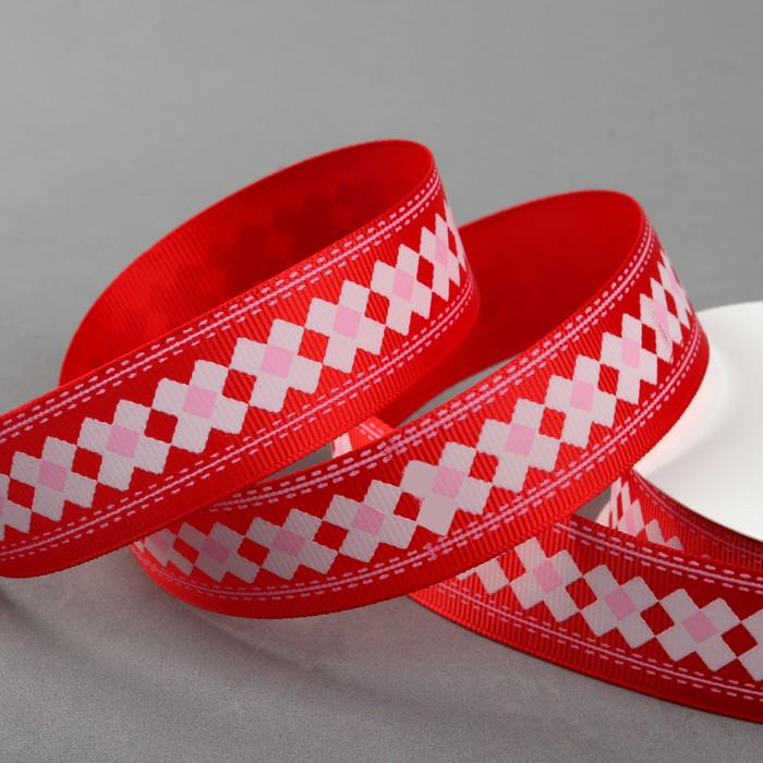 Лента репсовая "Ромбы", 25мм, 22±1м, цвет красный/белый