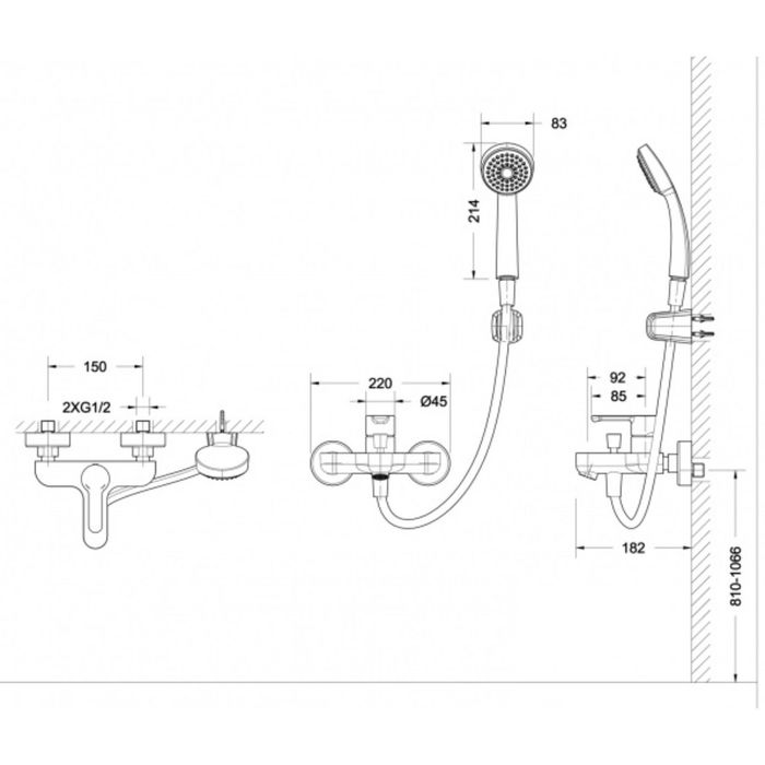 Смеситель для ванны BRAVAT STREAM, с коротким изливом и душевой лейкой