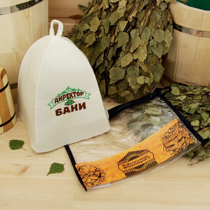 Шапка банная в косметичке "Директор бани" белая