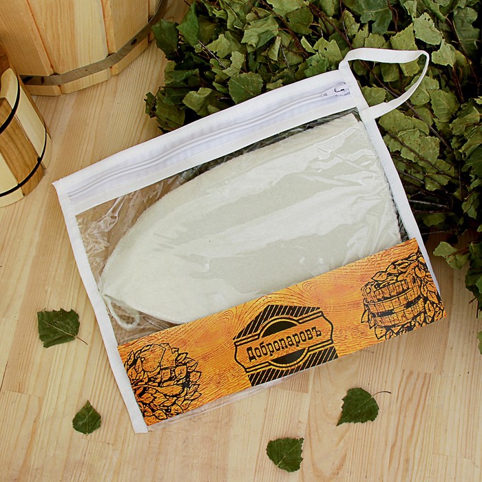 Шапка банная в косметичке "В здоровом теле, здоровый дух" белая