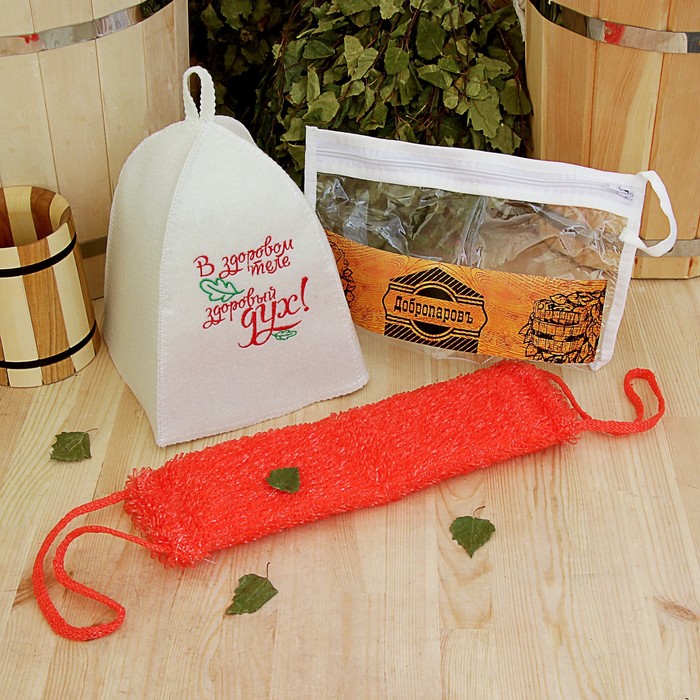 Набор для бани в косметичке "Здоровый дух" шапка, мочалка