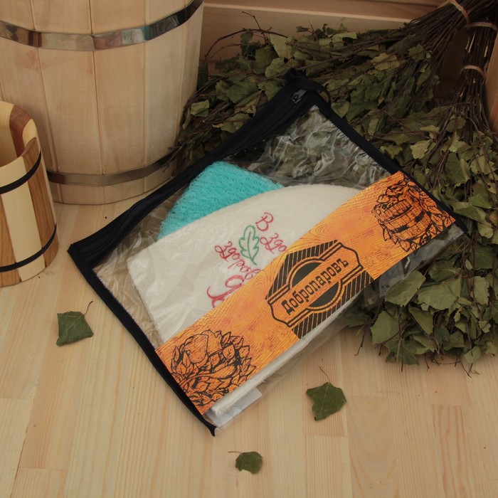 Набор для бани в косметичке "Здоровый дух" шапка, мочалка