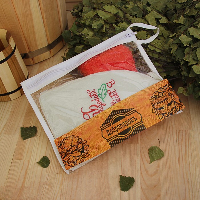 Набор для бани в косметичке "Здоровый дух" шапка, мочалка