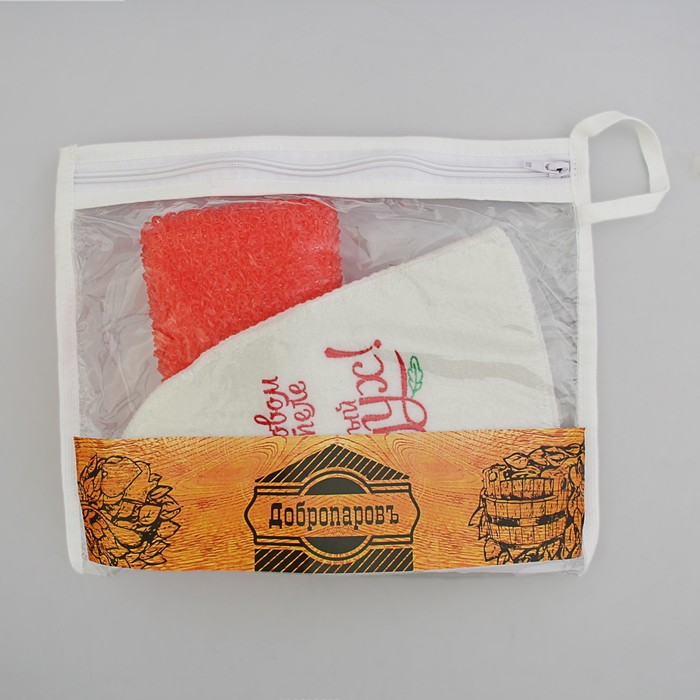 Набор для бани в косметичке "Здоровый дух" шапка, мочалка