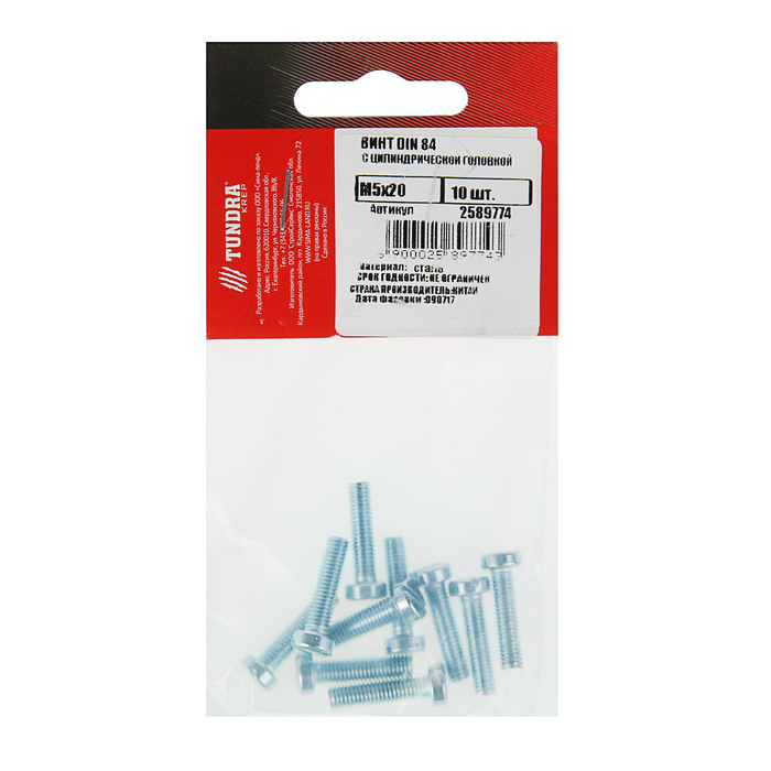 Винт DIN84 TUNDRA krep, с цилиндрической головкой, М5х20 мм, оцинкованный, 10 шт.