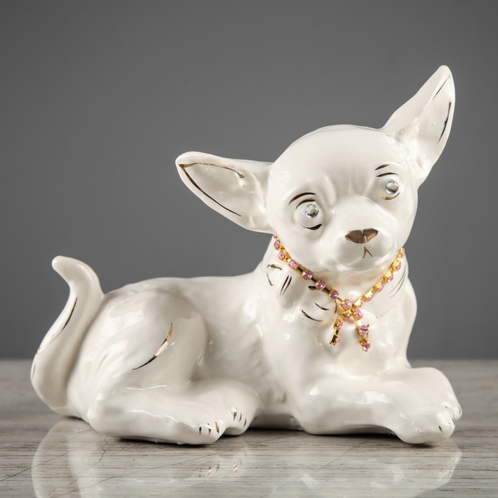 Копилка "Собака Чихуахуа", лежачий, цепочка, глянец, белый