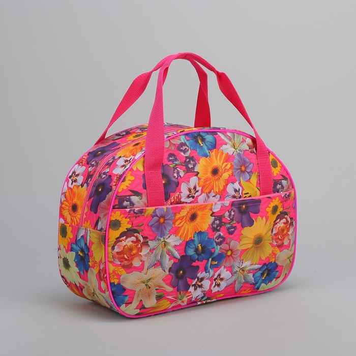 Сумка дорожная «Цветы», отдел на молнии, наружный карман, цвет розовый