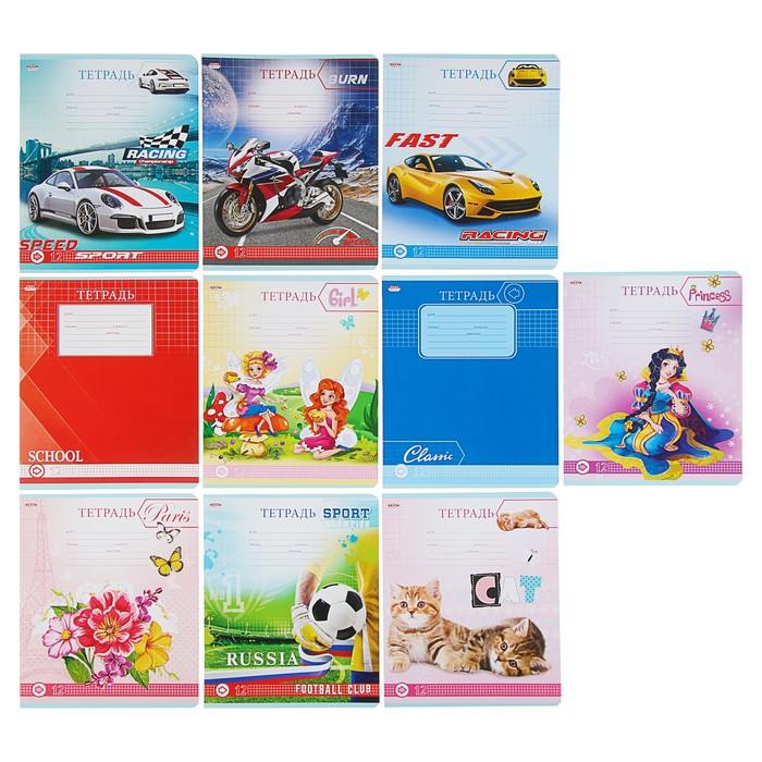 Тетрадь 12 листов клетка "МИКС-10", обложка мелованный картон, 10 видов