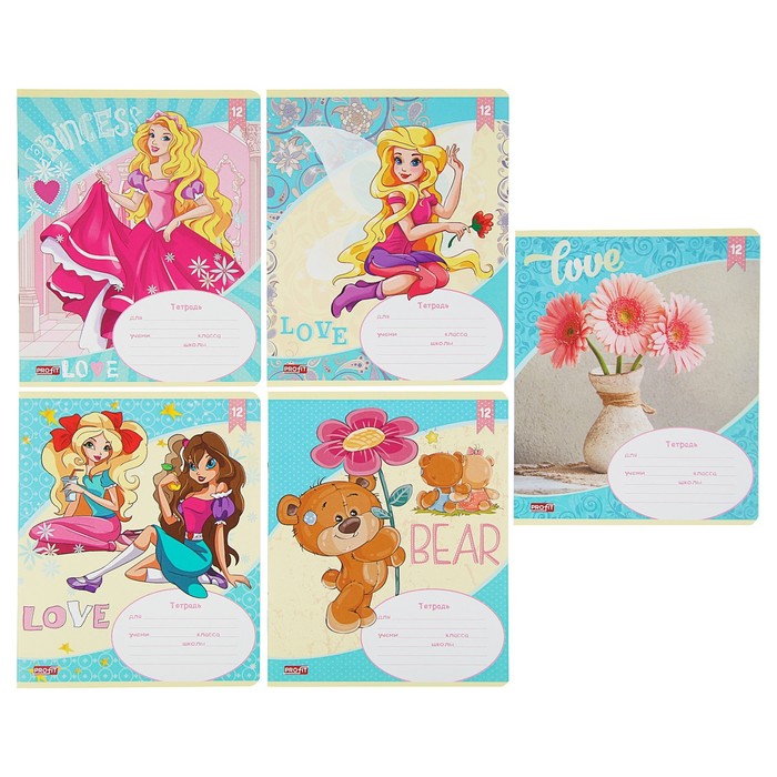 Тетрадь 12 листов линейка "МИКС-71" обложка картон хромэрзац, второй блок, 10 видов