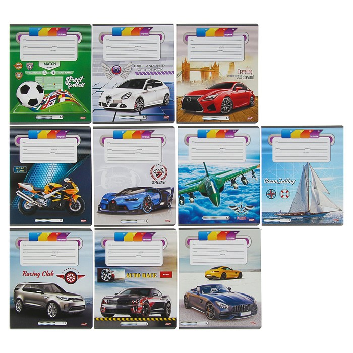 Тетрадь 12 листов узкая линейка "МИКС-78" обложка картон хромэрзац, 10 видов