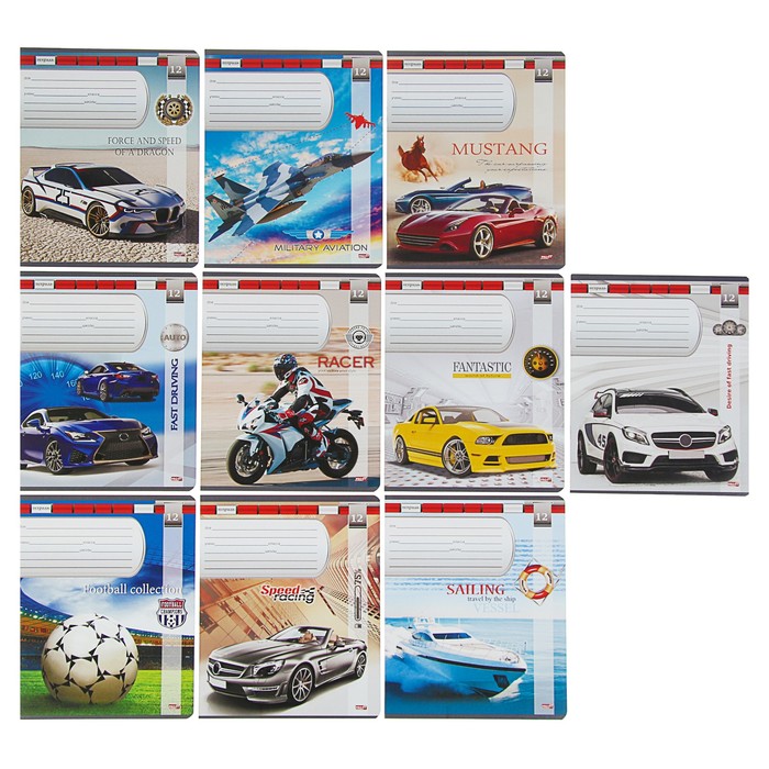 Тетрадь 12 листов частая косая линейка "МИКС-81" обложка картон хромэрзац, 10 видов