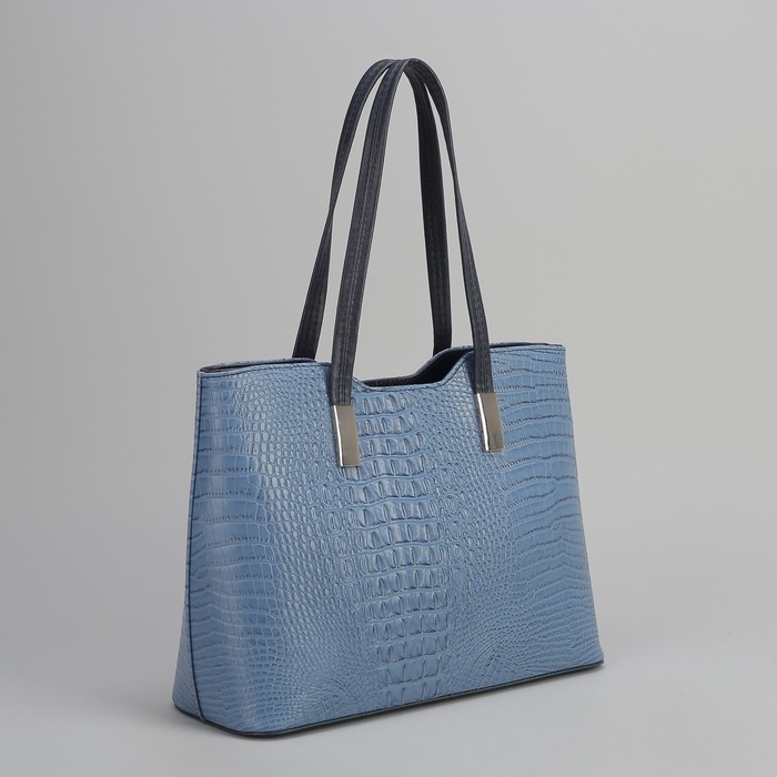 Сумка женская, 1 отдел на молнии, наружный карман, крокодил, цвет серо-голубой