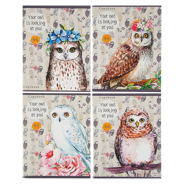 Тетрадь 96 листов клетка "Совы" мелованная обложка, холст